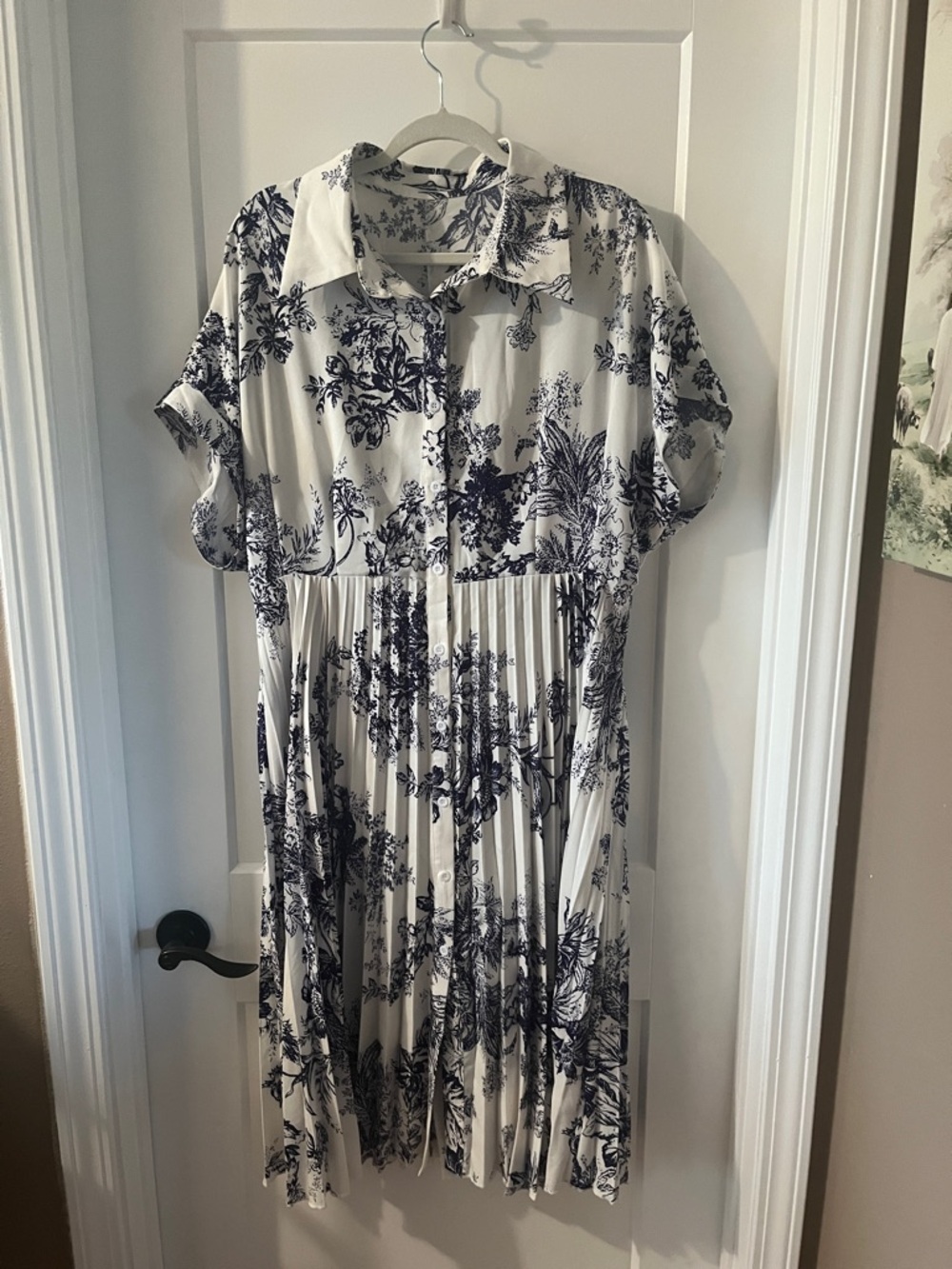 SHEIN White and Navy Floral Pleated Midi Shirt Dress